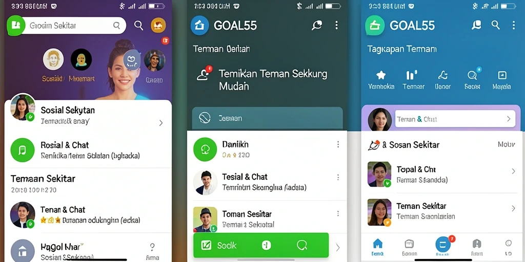 Antarmuka GOAL55 yang interaktif untuk mencari teman sekitar.