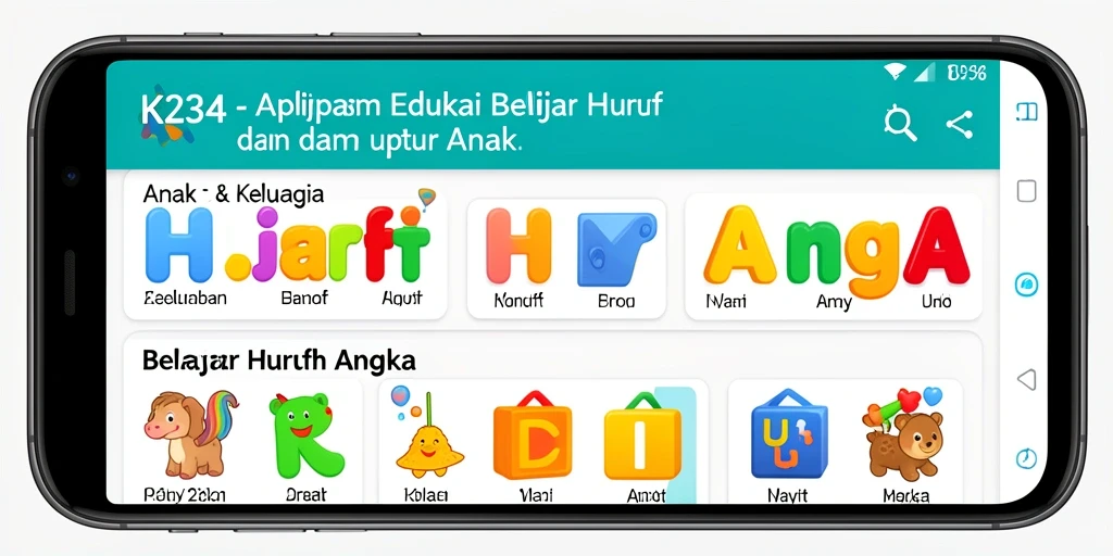 Tampilan antarmuka aplikasi K234 untuk belajar huruf dan angka.