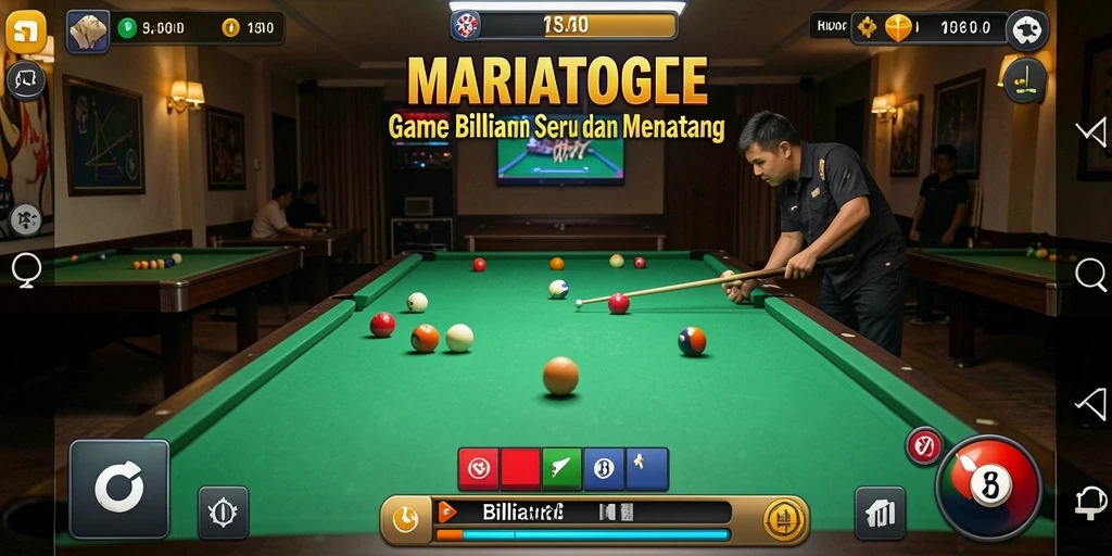 Antarmuka permainan billiard MARIATOGEL yang menarik dan interaktif.
